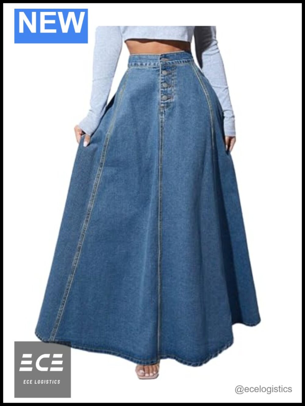 Women's High Waisted Flared A-Line Maxi Jean Denim Skirt